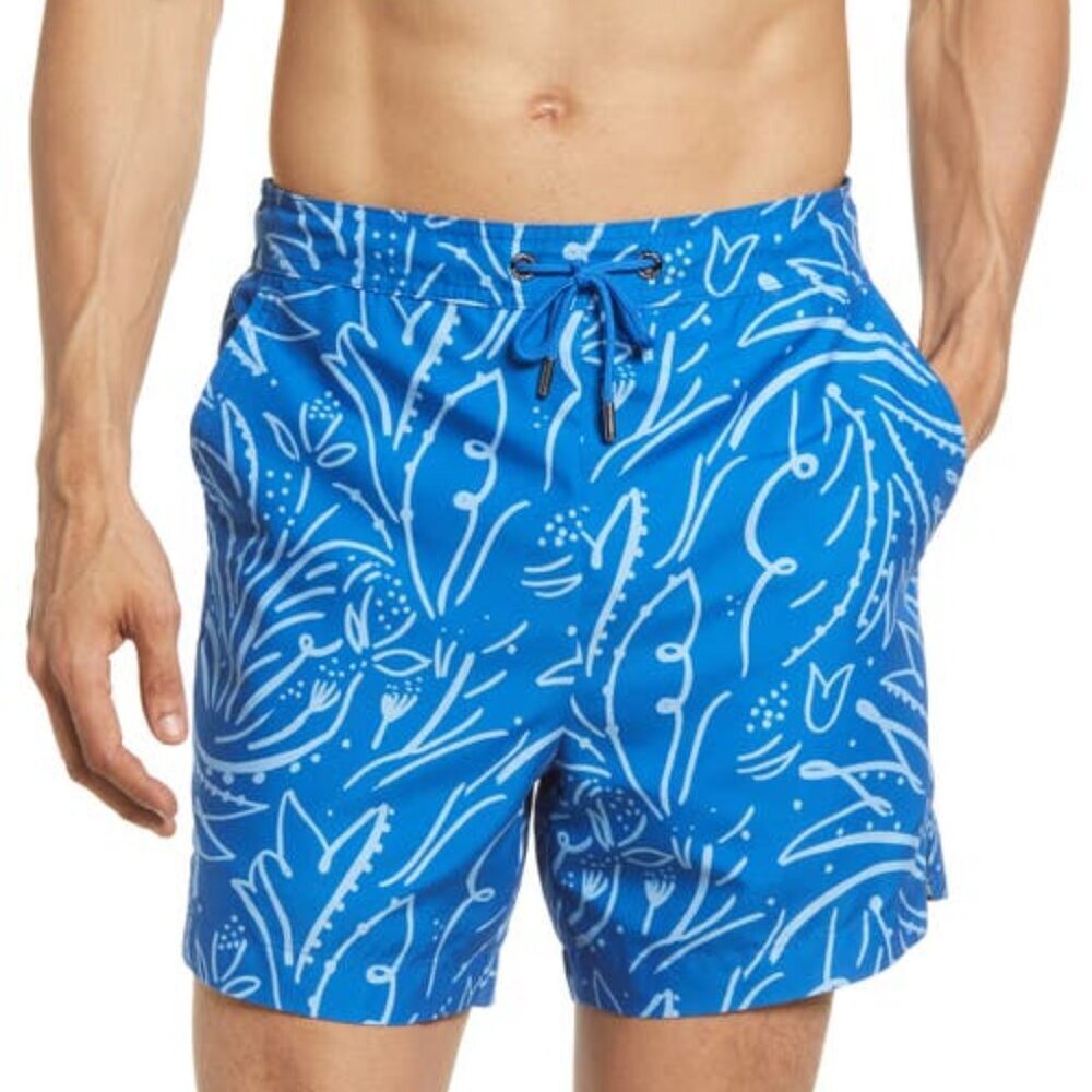 NWT Ted Baker London Ryburn Paisley Printed Swim Shorts Mid Blue Recycled Polyes